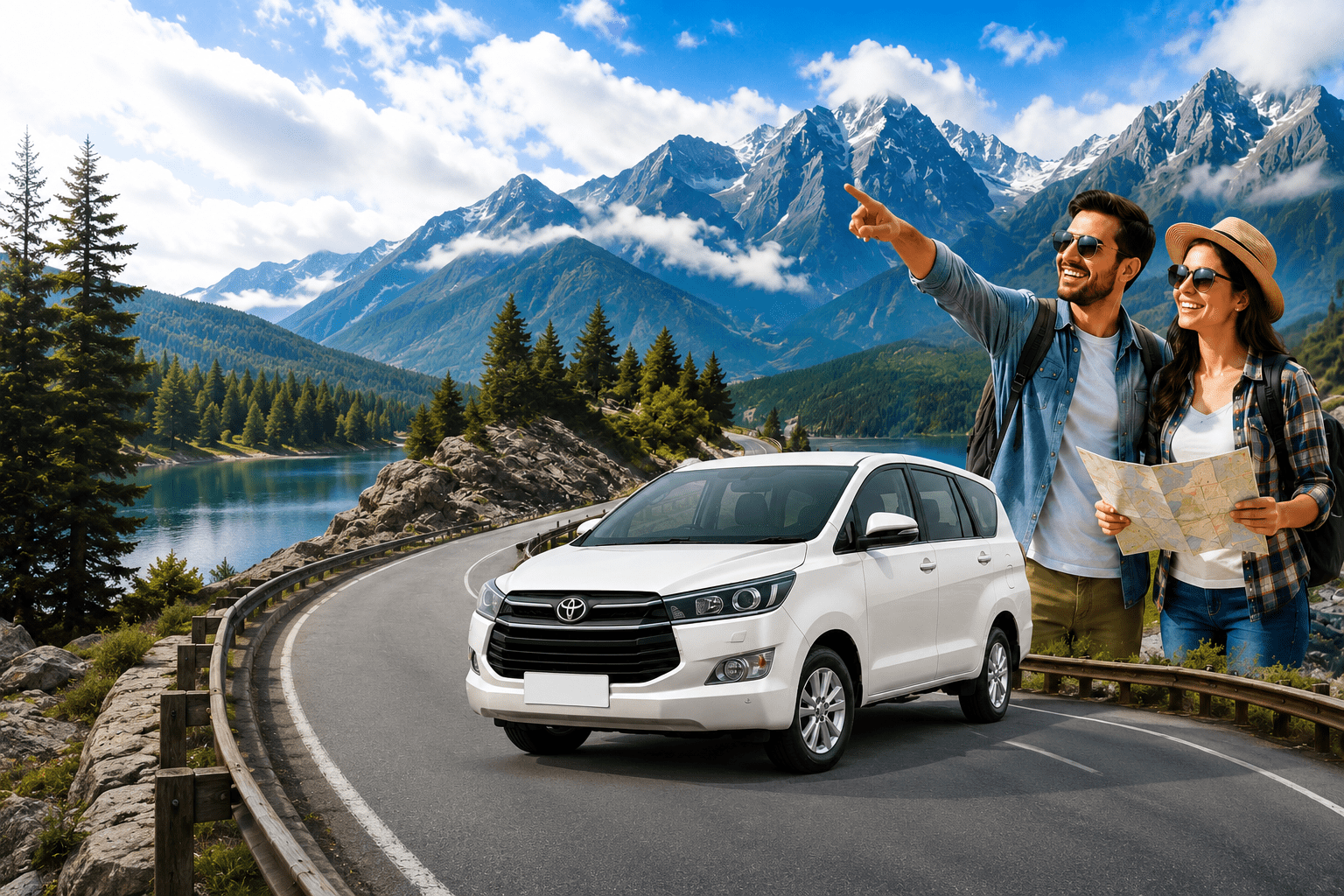 Best travel agency near me with happy couple, white Toyota Innova taxi, scenic mountain road, lake, and snow-capped mountains."
